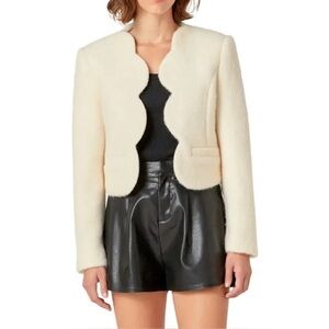 English Factory Scalloped Wool Blend Crop Jacket - Off White